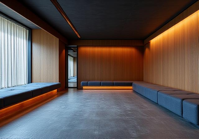 Design degli interni dello studio con dettagli in legno scuro